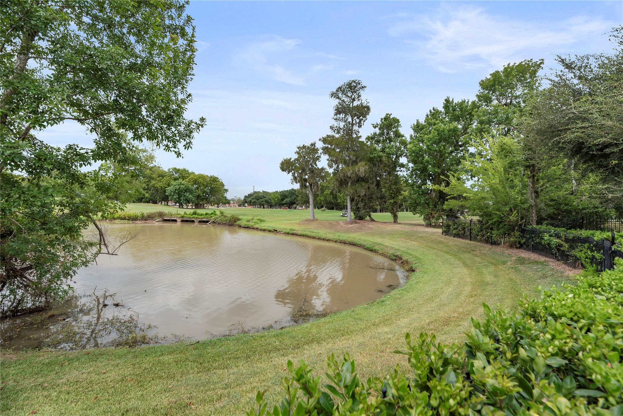 Golf course pond bordered by grassy banks, mature trees, and a black metal fence.
