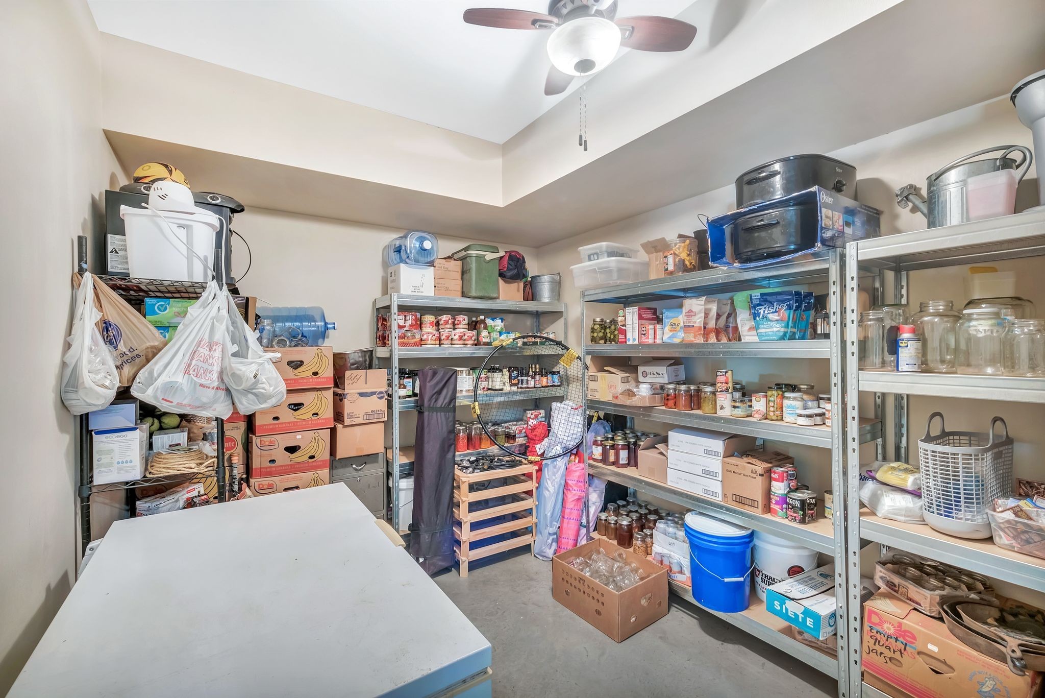Large pantry stocked with food jars, canned goods, boxes, and appliances beside a chest freezer.
