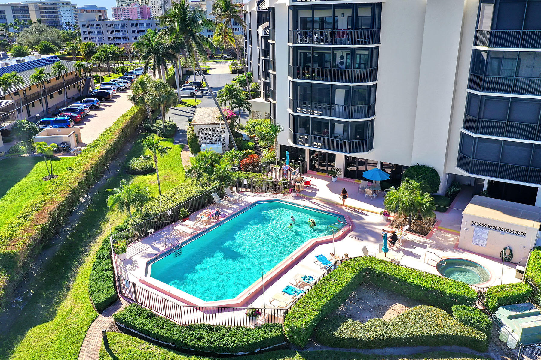 Condominium pool and spa surrounded by palm trees and poolside loungers.