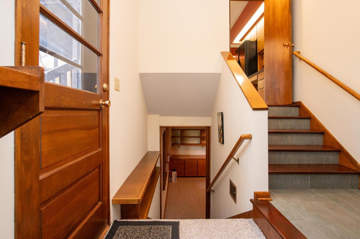 Split-level entryway with a wooden front door, carpeted lower hall, and gray-tiled stairs with wood trim.