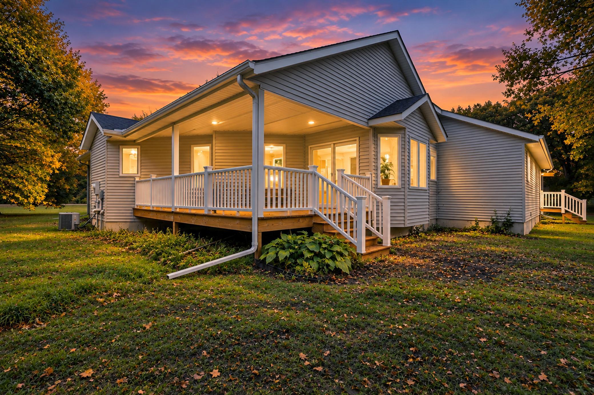 Gray-sided home with a covered porch and deck, warmly lit at sunset amid autumn leaves.