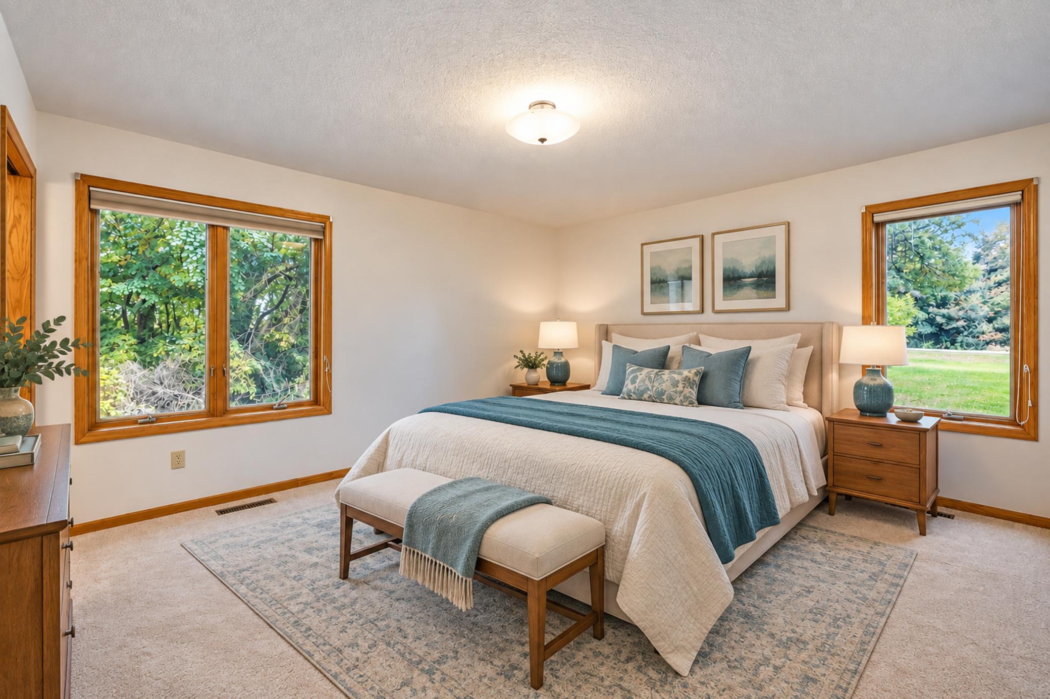 Staged bedroom with a white-and-teal bed, upholstered bench, and wood-trimmed windows overlooking greenery.