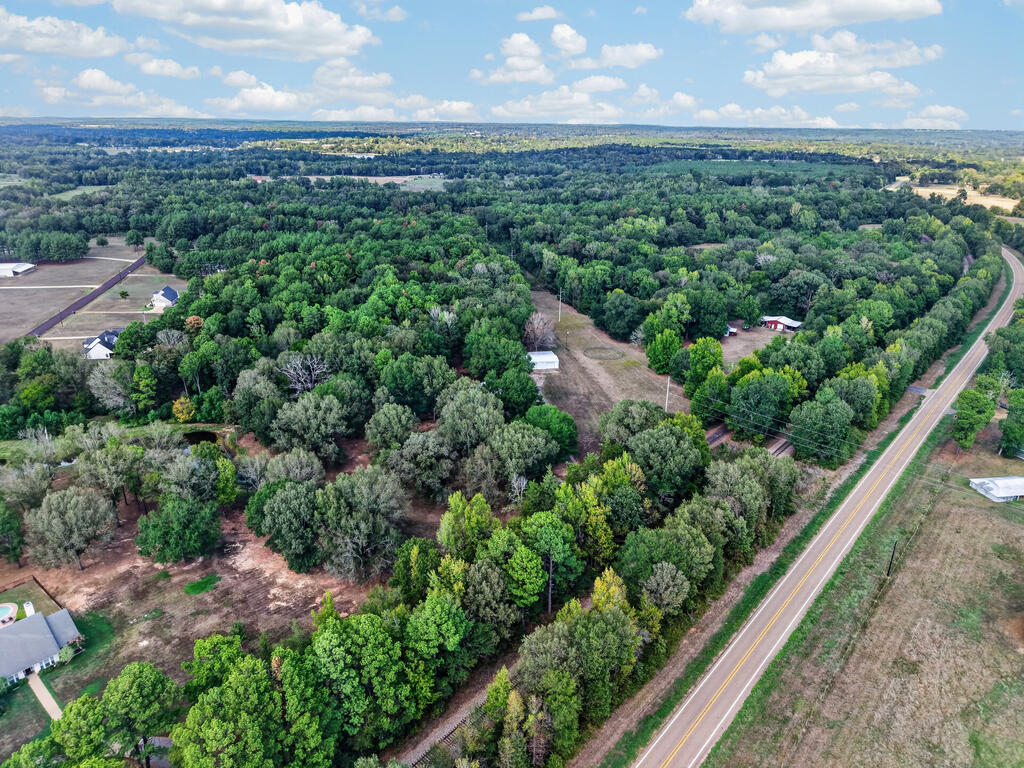Aerial view of wooded rural property beside a two-lane road, with scattered homes and clearings.