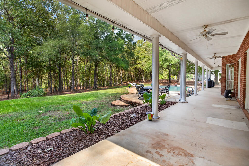 Covered patio with ceiling fans overlooks a swimming pool and wooded backyard.