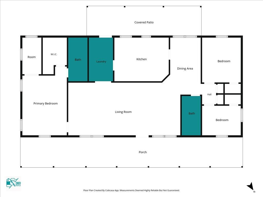 Floor plan showing three bedrooms, two bathrooms, a living room, porch, and covered patio.