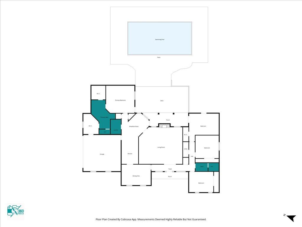 Floor plan showing bedrooms, living areas, garage, deck, patio, and swimming pool.