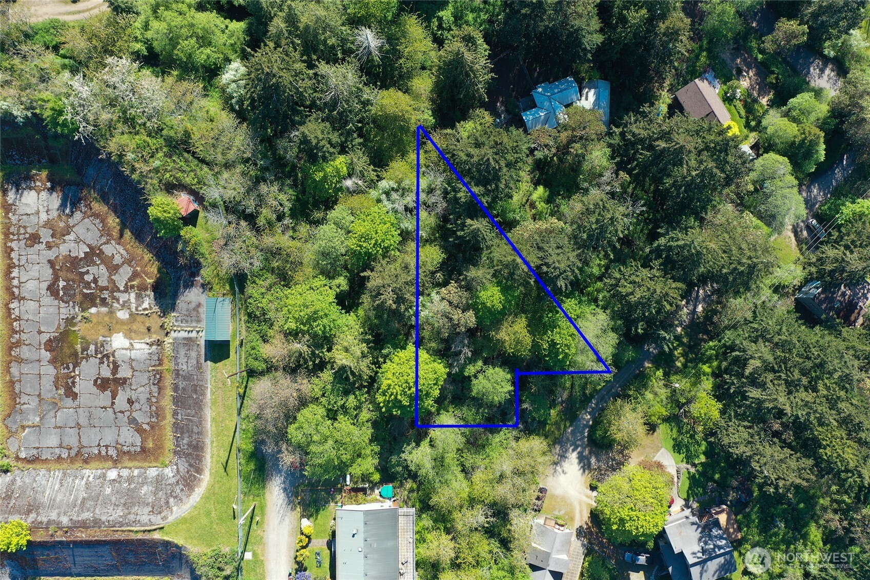 Aerial view of a wooded lot outlined in blue among neighboring homes.
