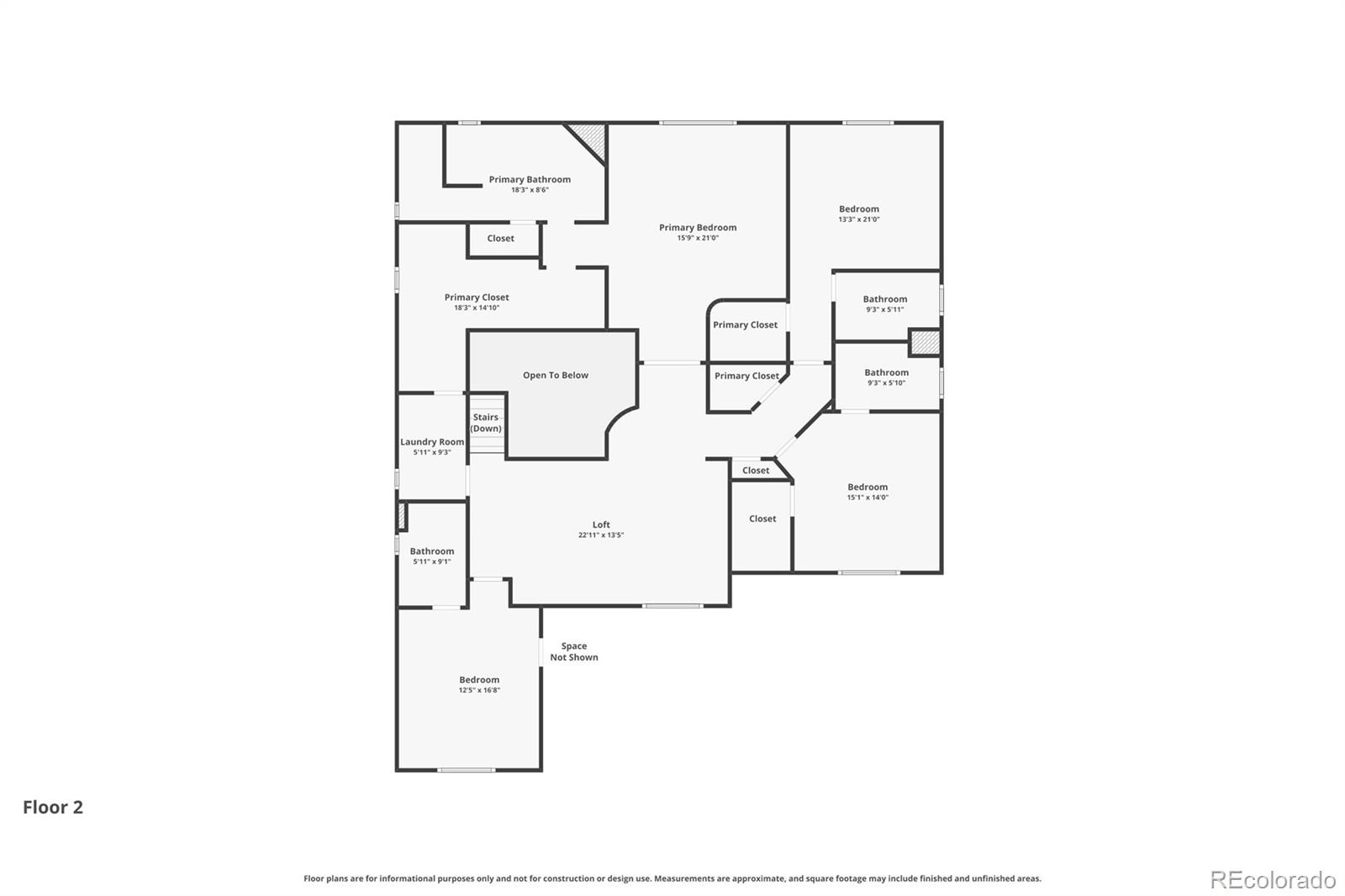 Second-floor plan showing the primary suite, three bedrooms, bathrooms, laundry room, loft, and open-to-below area.
