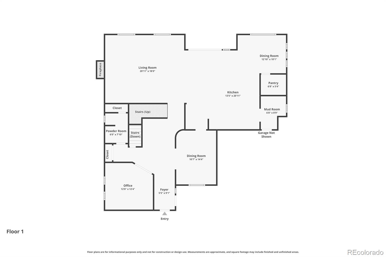First-floor plan showing living areas, kitchen, office, pantry, mud room, powder room, foyer, and room dimensions.