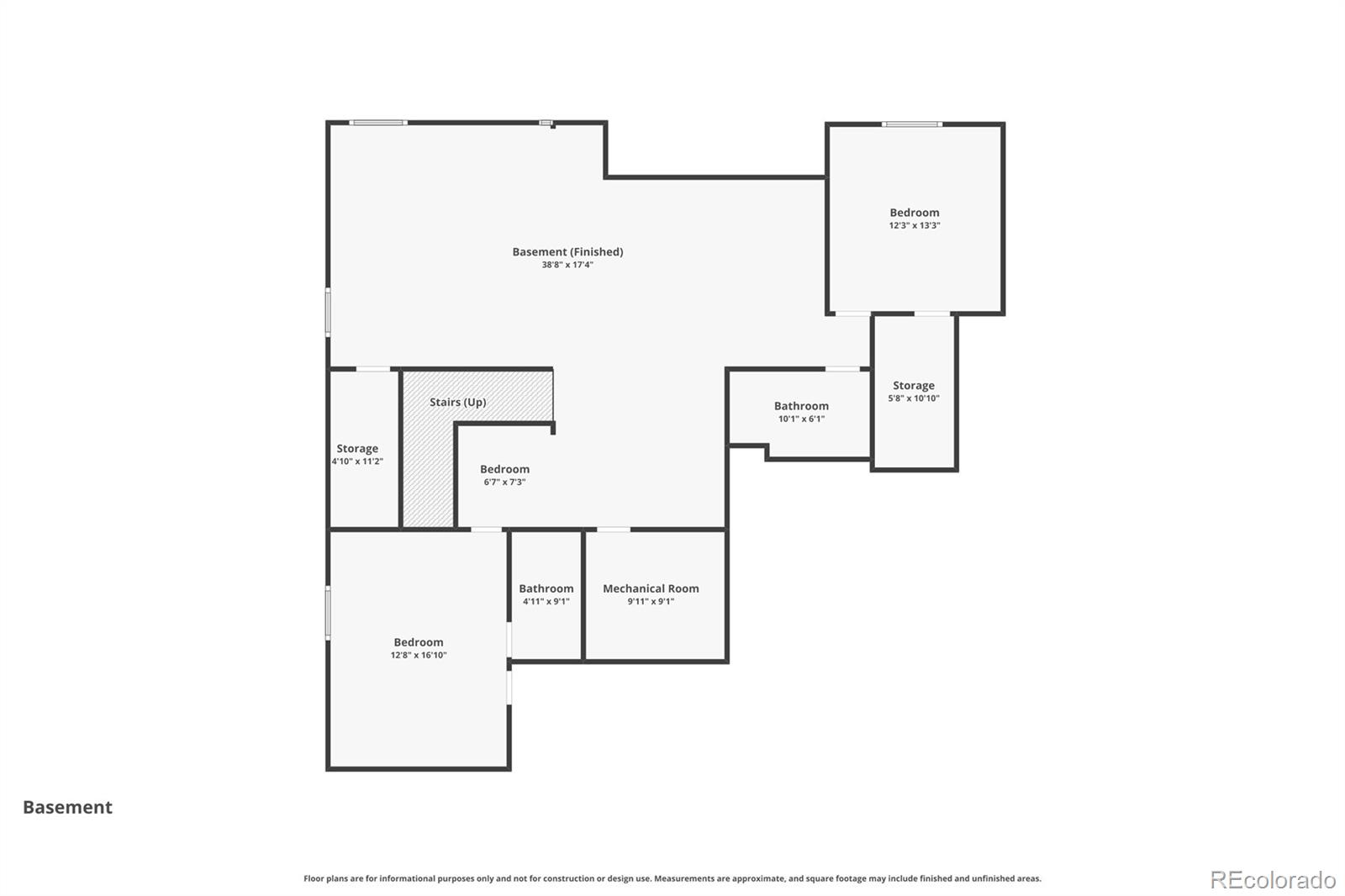 Basement floor plan with three bedrooms, two bathrooms, storage rooms, stairs, and a mechanical room.