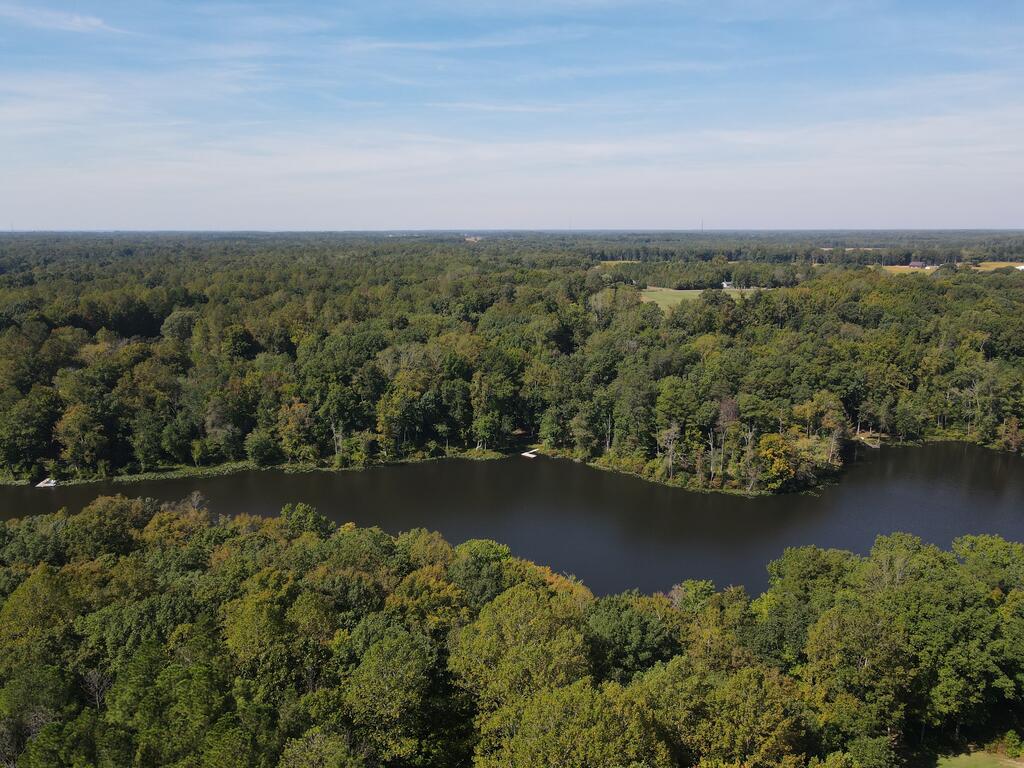 Aerial view of a lake bordered by dense woodland and a small dock.