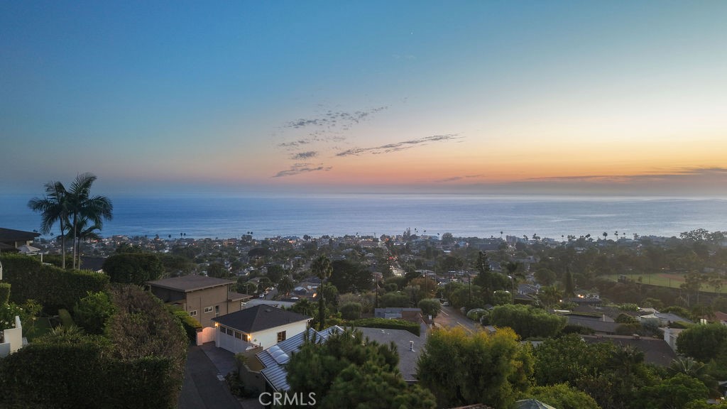 Aerial coastal neighborhood overlooking the ocean at sunset.