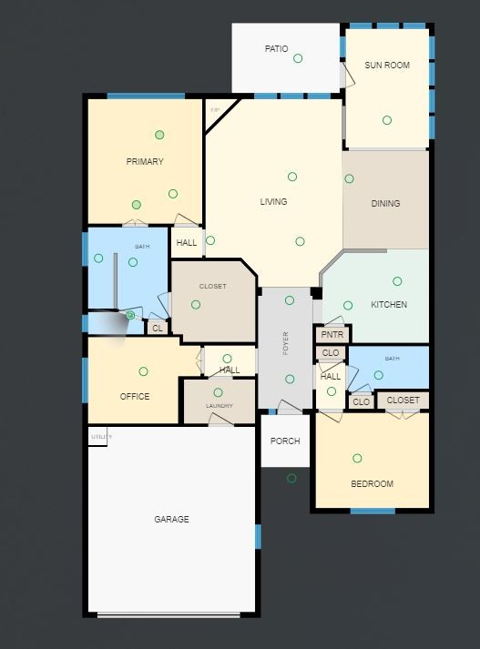 Floor plan for 1158 Bastion Cir with a garage, office, sun room, patio, and multiple bedrooms.