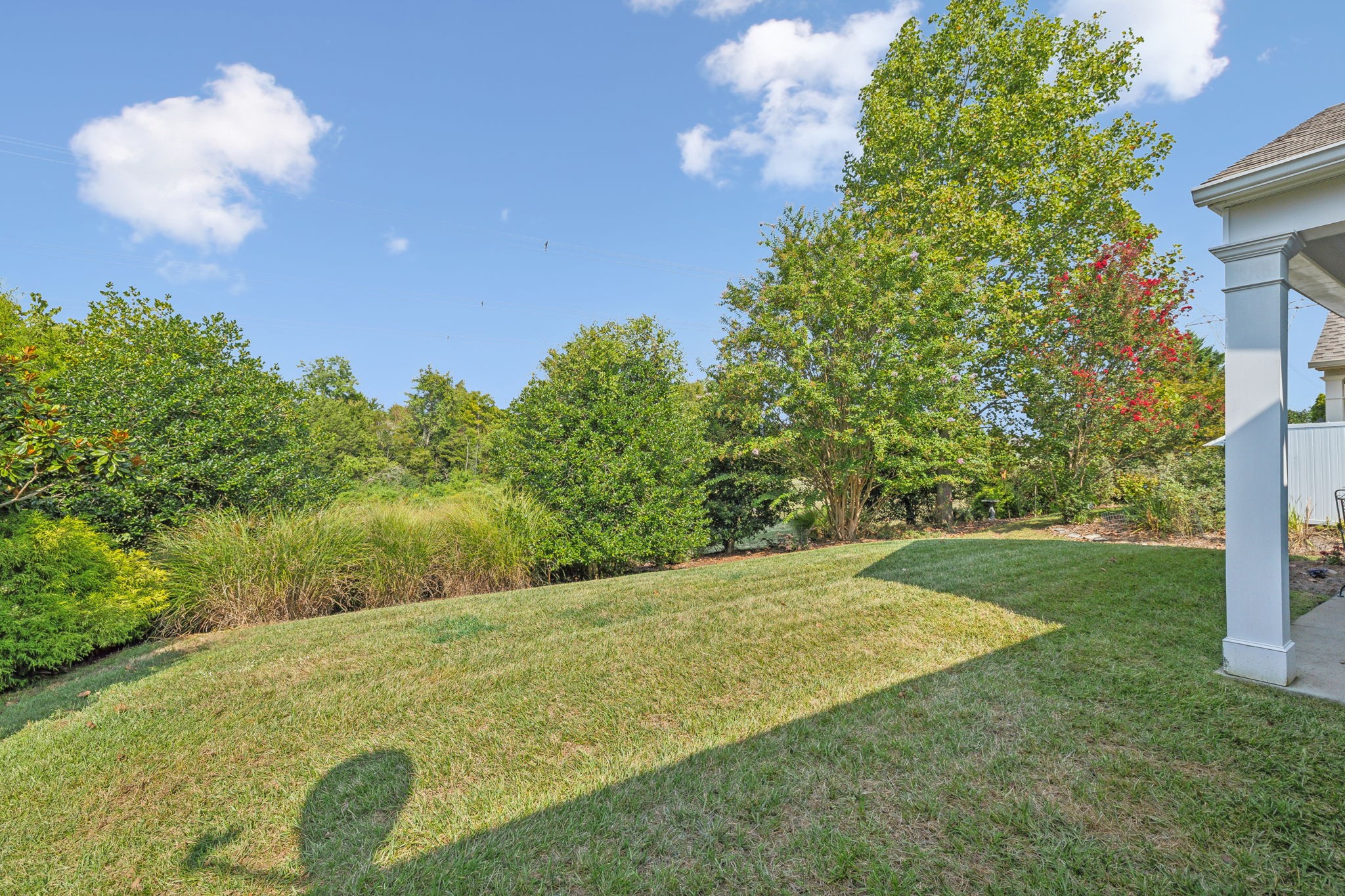 Sloping backyard lawn bordered by mature trees and shrubs beside a covered porch.