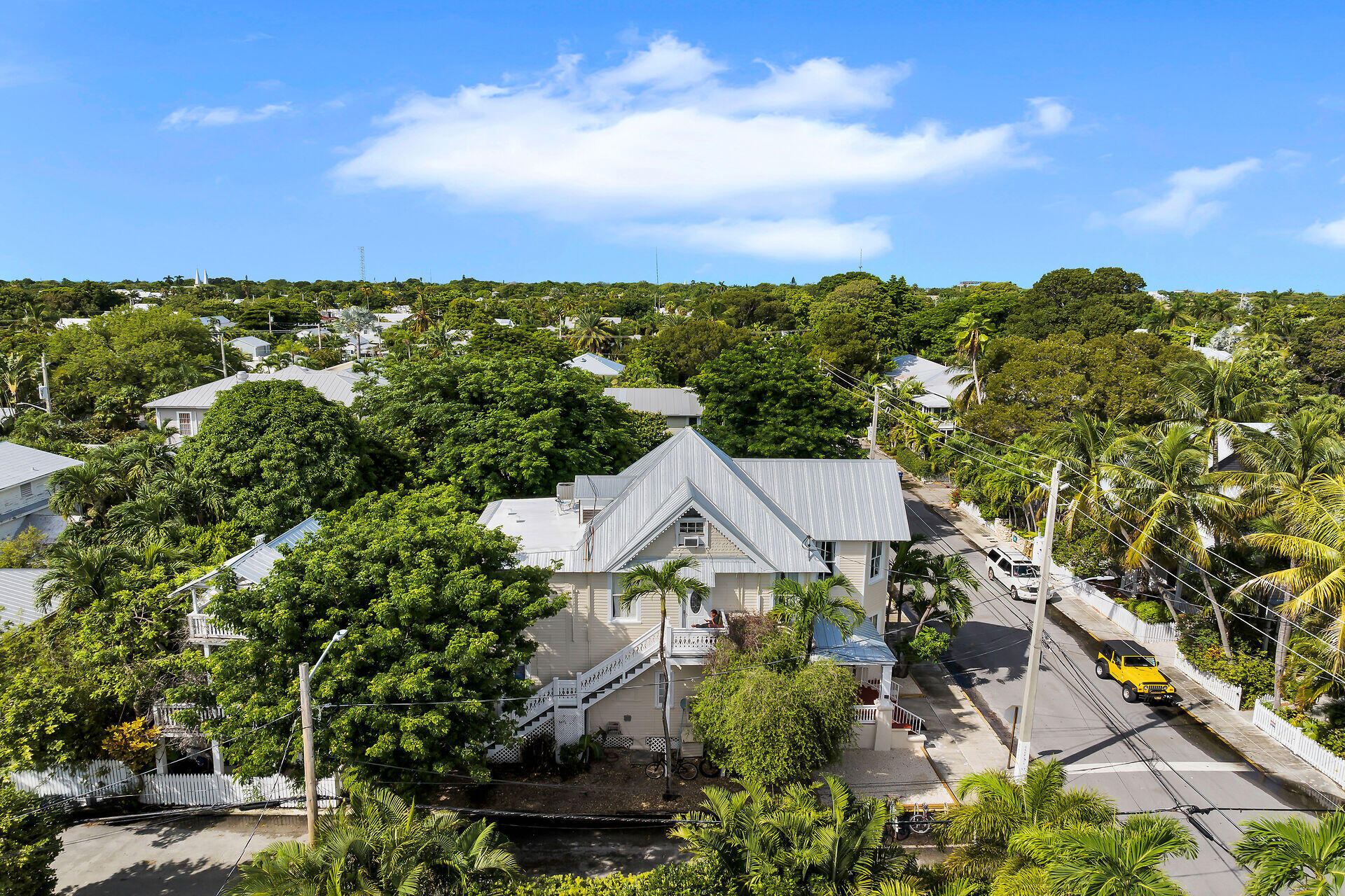 Aerial view of a silver-roofed house amid tropical trees beside a palm-lined street.