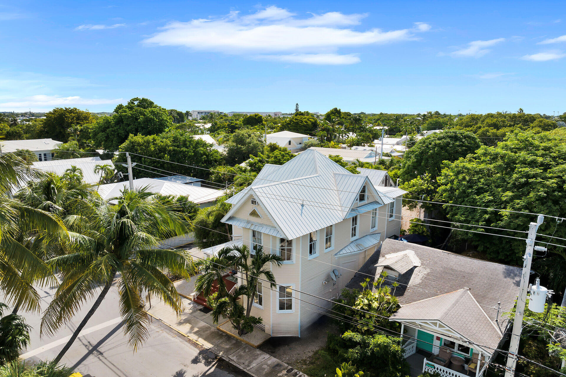 Aerial view of a two-story home with a silver roof among palm trees and tropical greenery.