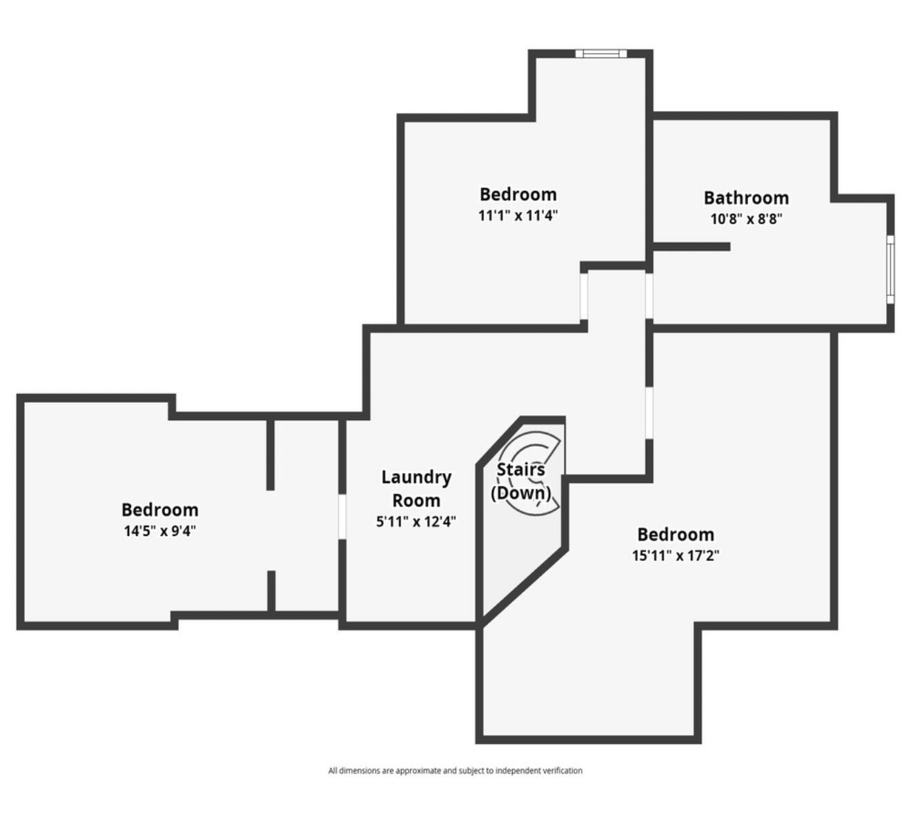 Floor plan showing three bedrooms, a bathroom, laundry room, and stairs down, with room dimensions.