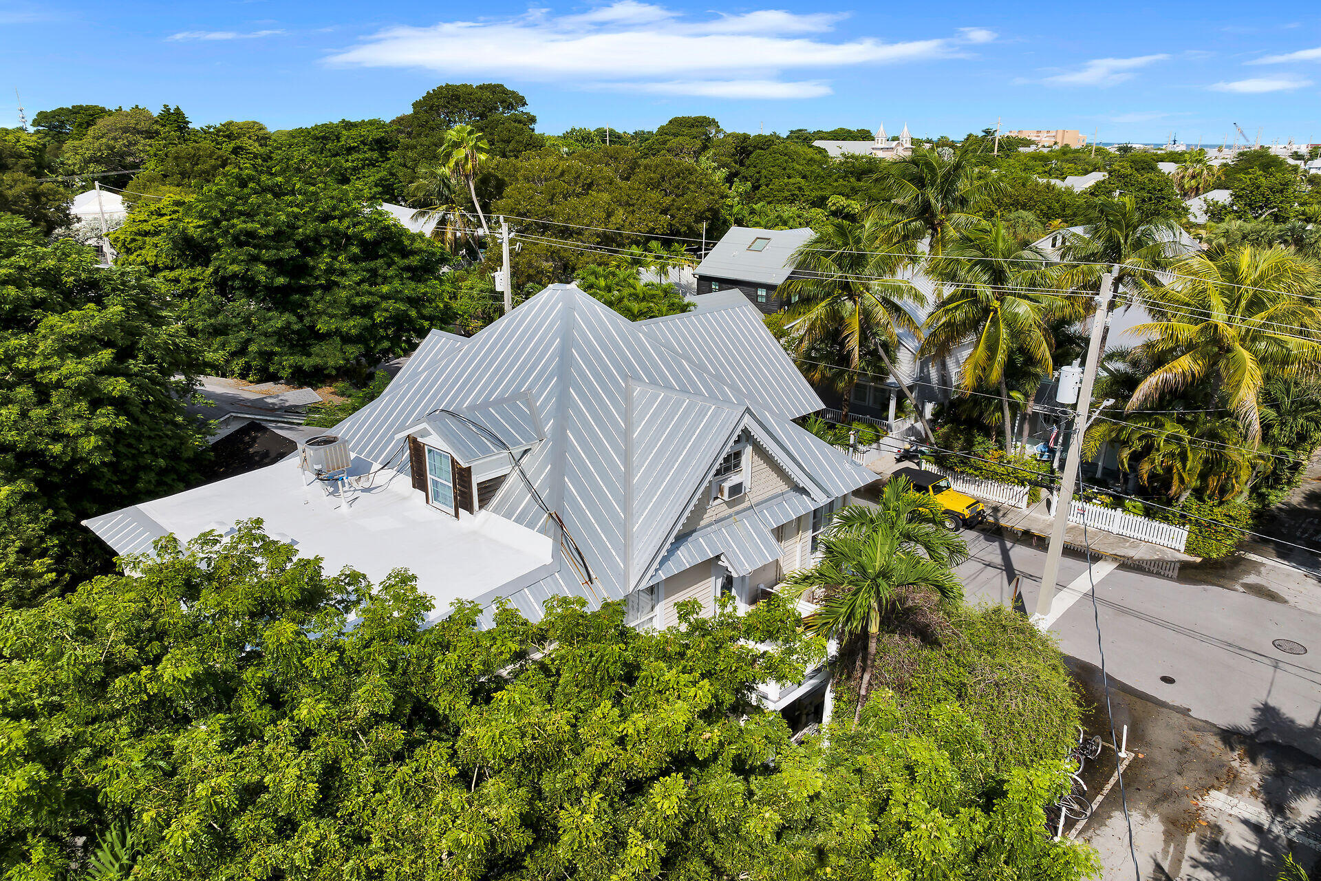Aerial view of a home with a silver metal roof amid tropical palms and dense greenery.
