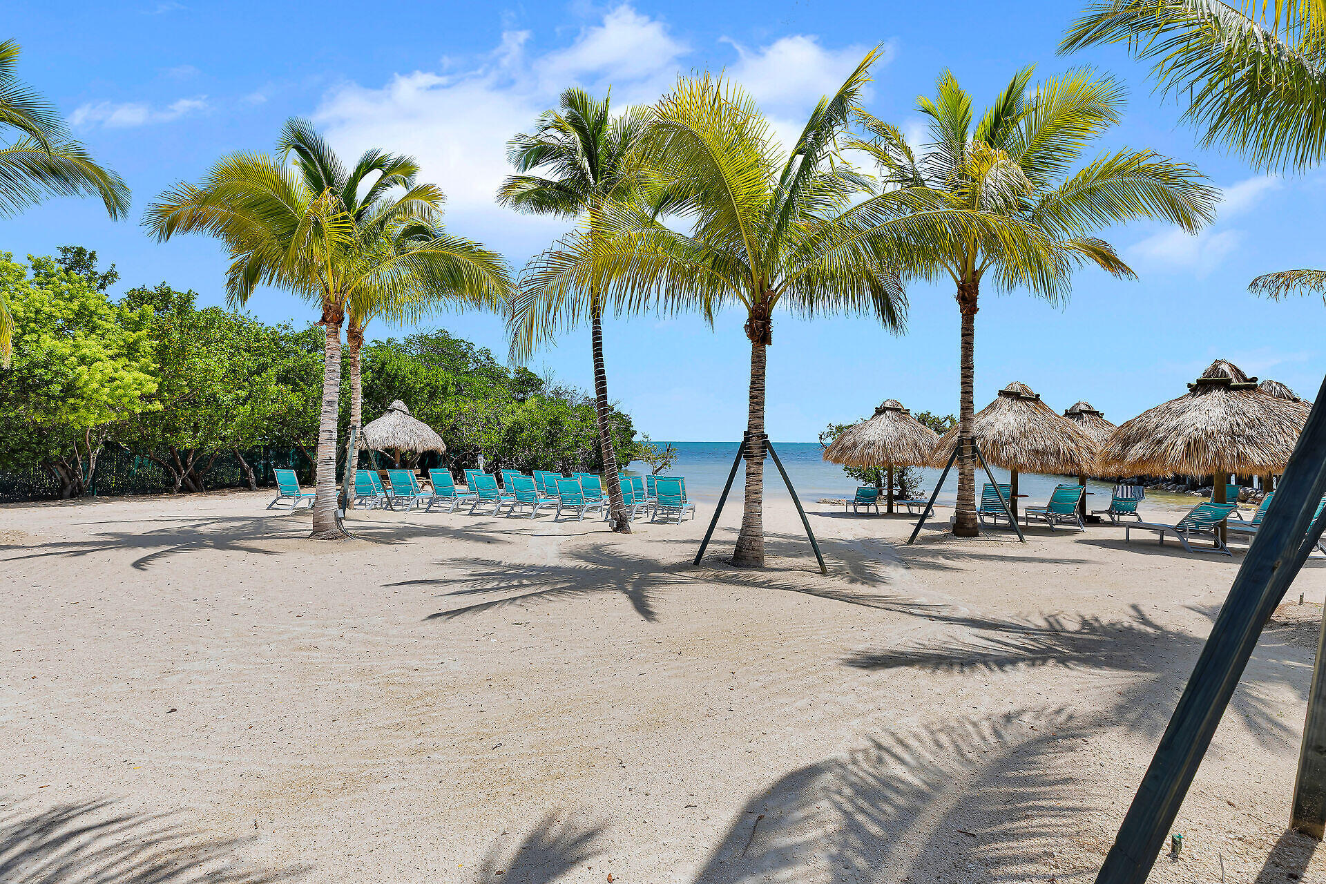 Sandy beach with palm trees, thatched umbrellas, turquoise lounge chairs, and calm ocean water.