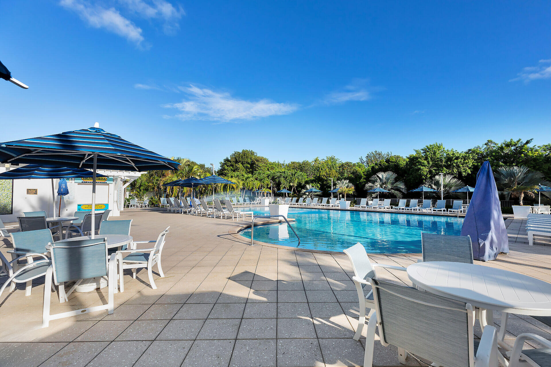 Outdoor swimming pool with lounge chairs and blue umbrellas on a sunny, tree-lined deck.