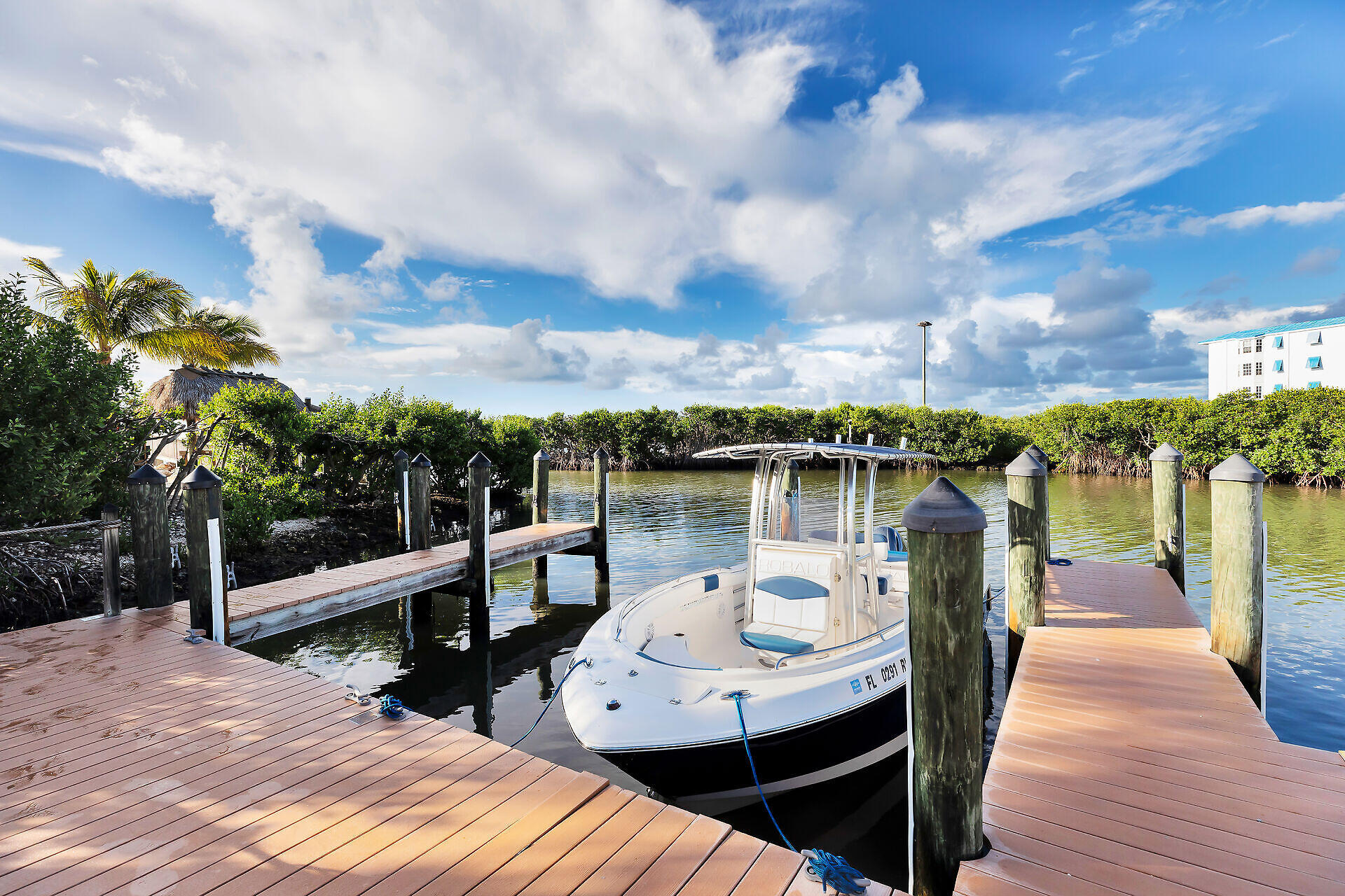 White motorboat moored between wooden docks in a mangrove-lined channel.
