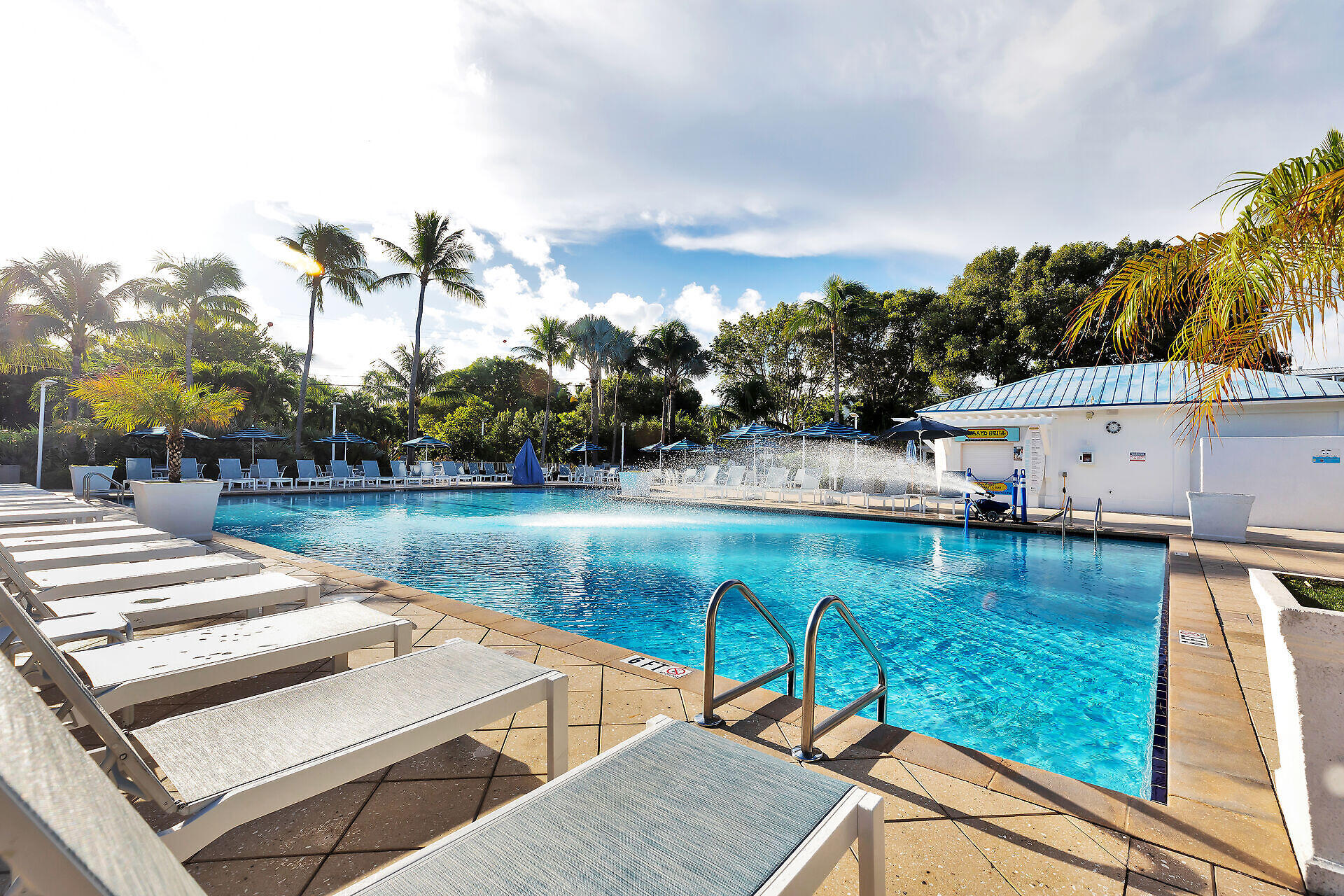 Outdoor swimming pool with white lounge chairs, palm trees, and a poolside building.