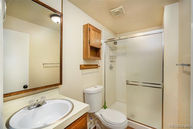 Bathroom with a white vanity, toilet, and frosted sliding shower doors.