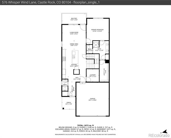 Floor plan showing the living room, kitchen, primary bedroom, garage, porch, and balcony.