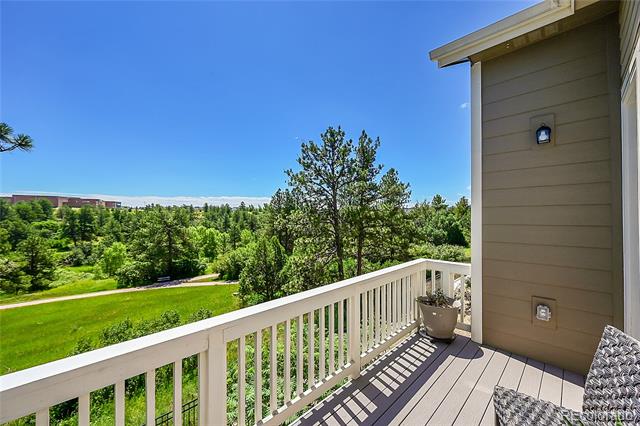 Deck with white railing overlooking a green lawn and dense trees.