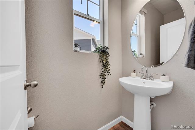 Powder room with a pedestal sink, oval mirror, and tall window beside a hanging plant.
