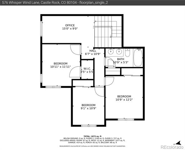Floor plan for 576 Whisper Wind Lane showing three bedrooms and an office.