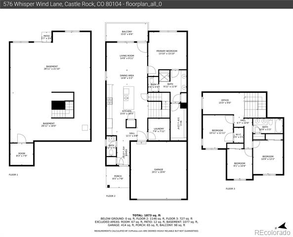 Floor plan showing the basement, main floor, and upper floor of 576 Whisper Wind Lane.
