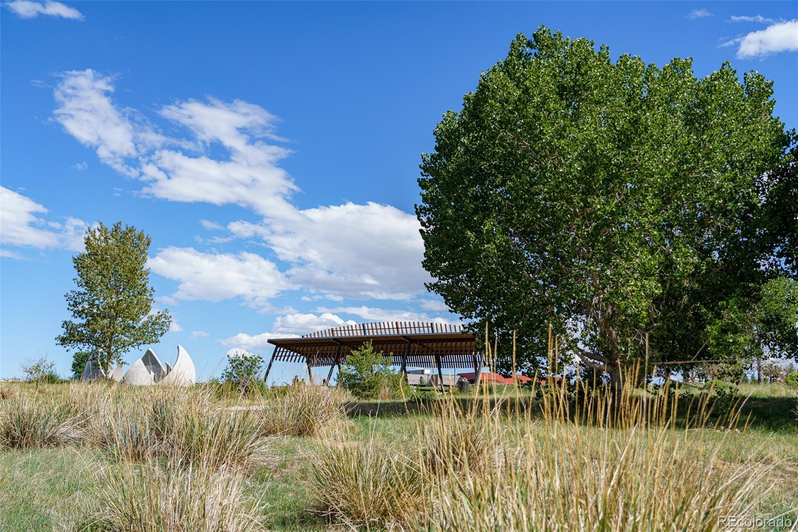 Landscaped park with a slatted pavilion, tall grasses, and a white sculptural installation.