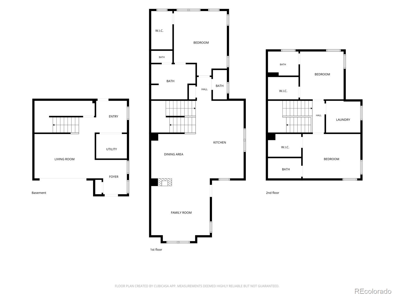 Multilevel home floor plan showing basement, first-floor and second-floor room layouts.