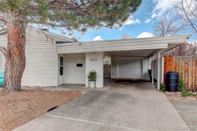 Single-story home with a broad covered carport, concrete driveway, and large pine tree beside it.