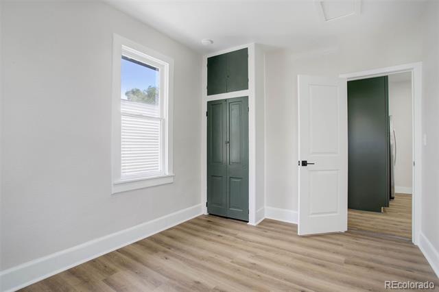 Vacant room with wood-look flooring, dark green built-in cabinetry, and an open door.