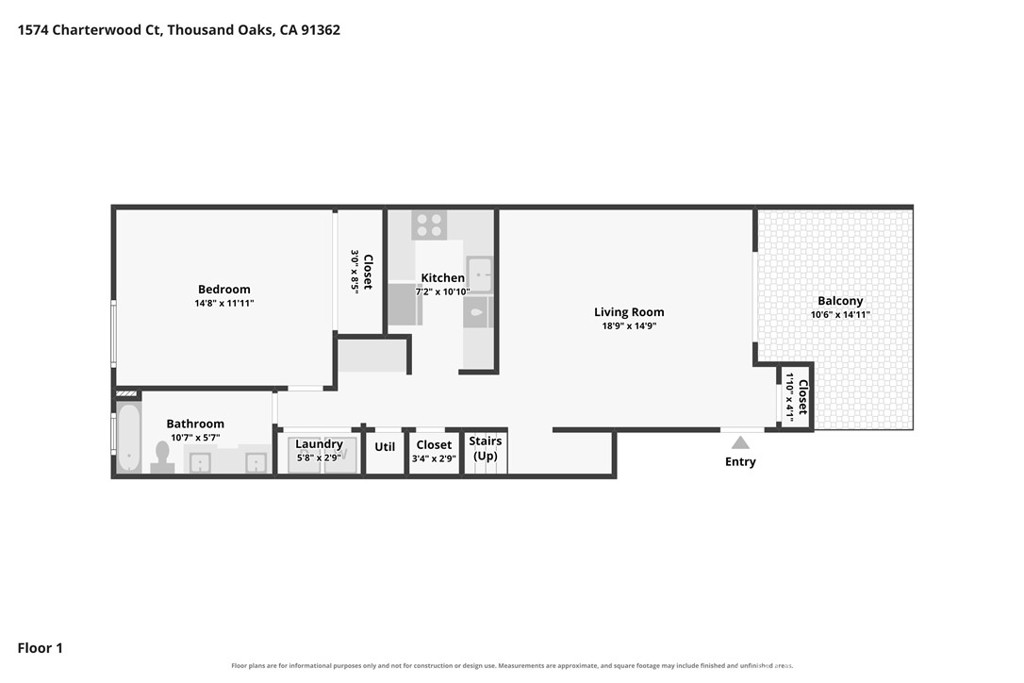 Floor 1 plan showing a bedroom, kitchen, living room, bathroom, and balcony.