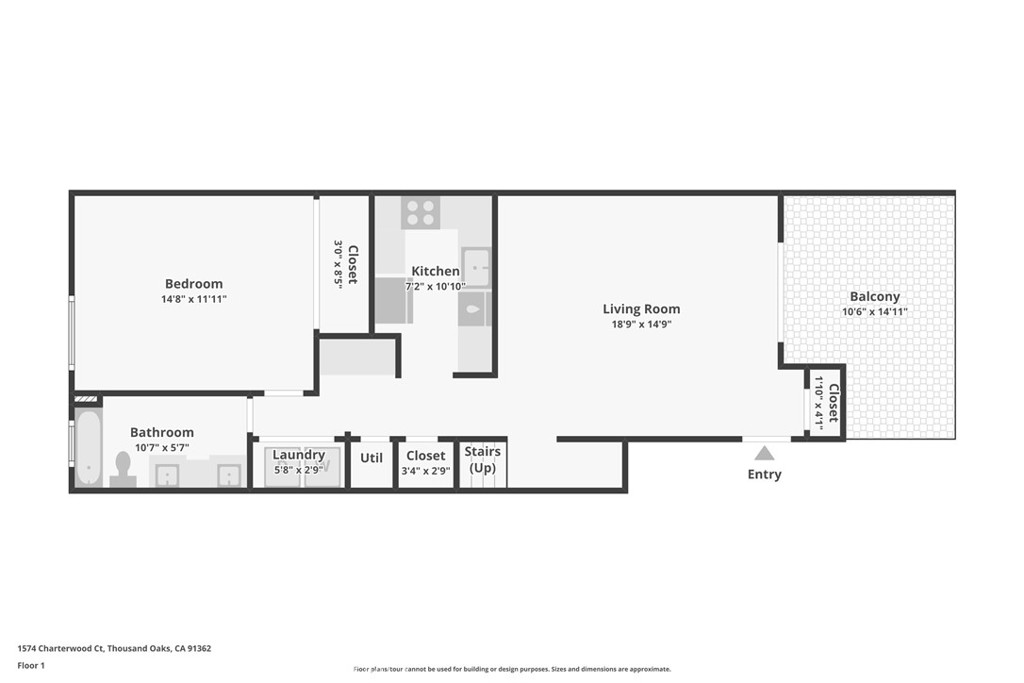 First-floor apartment plan with one bedroom, kitchen, living room, bathroom, and balcony.