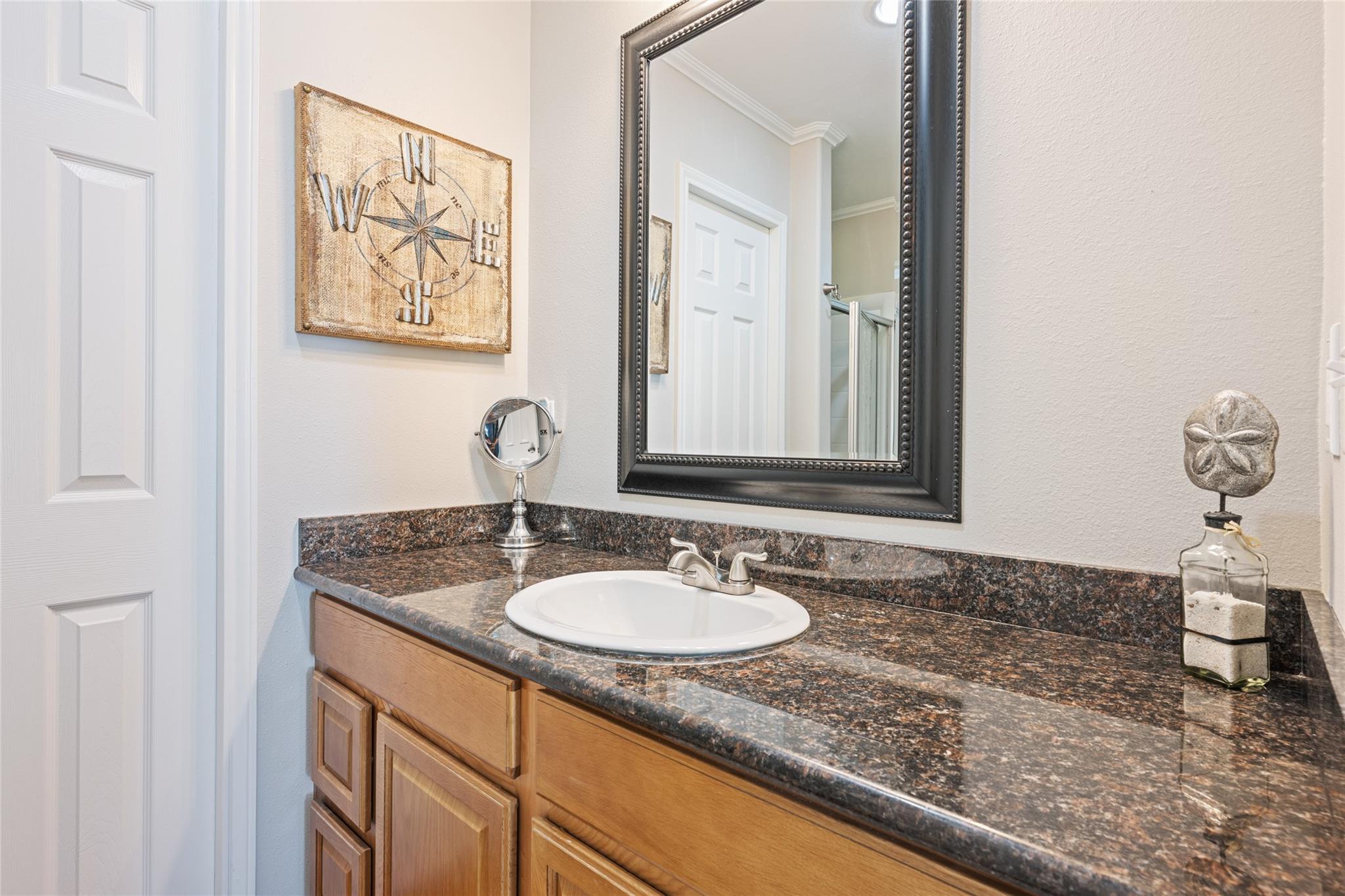 Bathroom vanity with a white sink, dark granite countertop, wood cabinets, and large framed mirror.