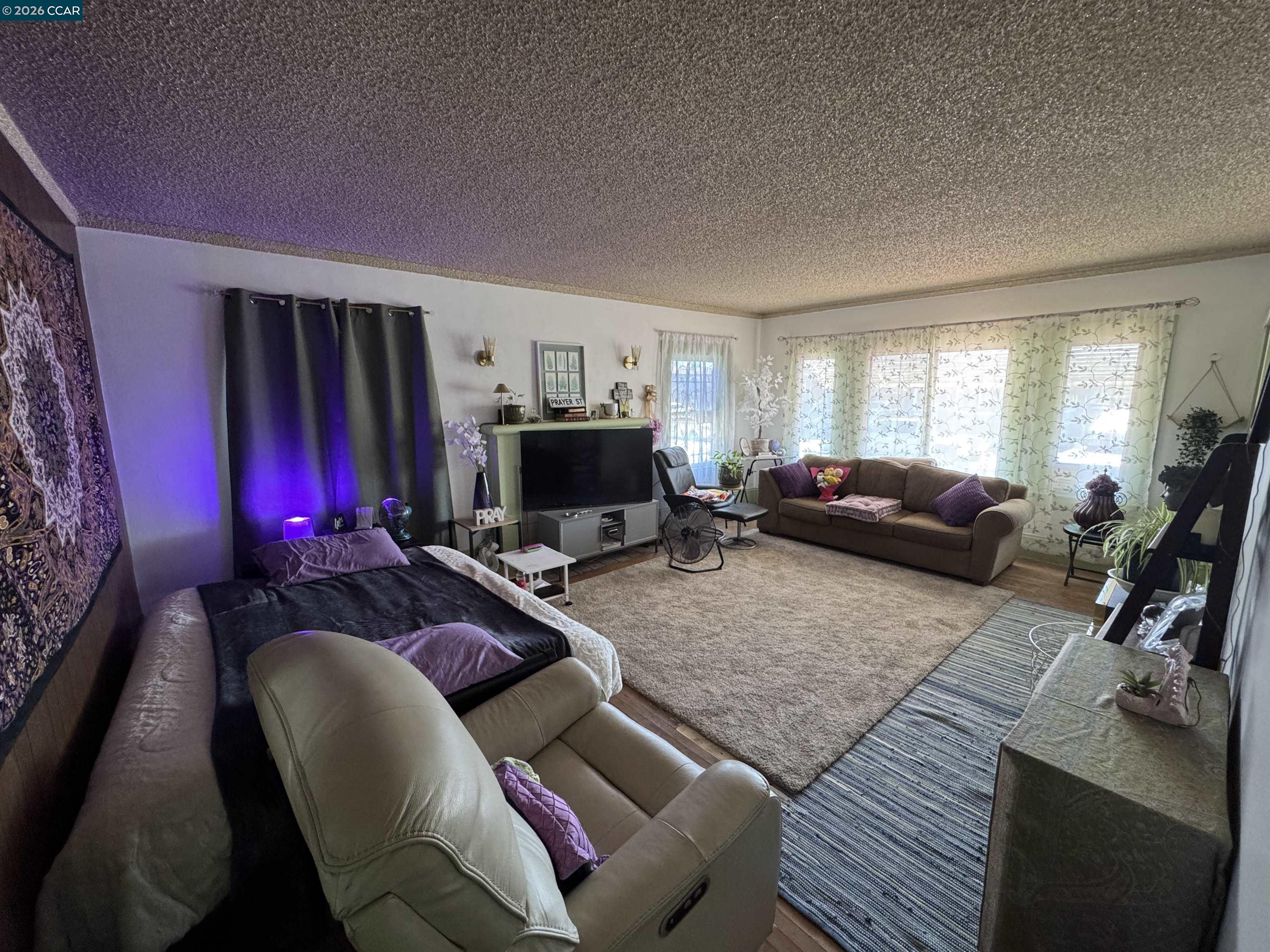 Furnished living room with a bed, sofa, television, and large curtained windows.