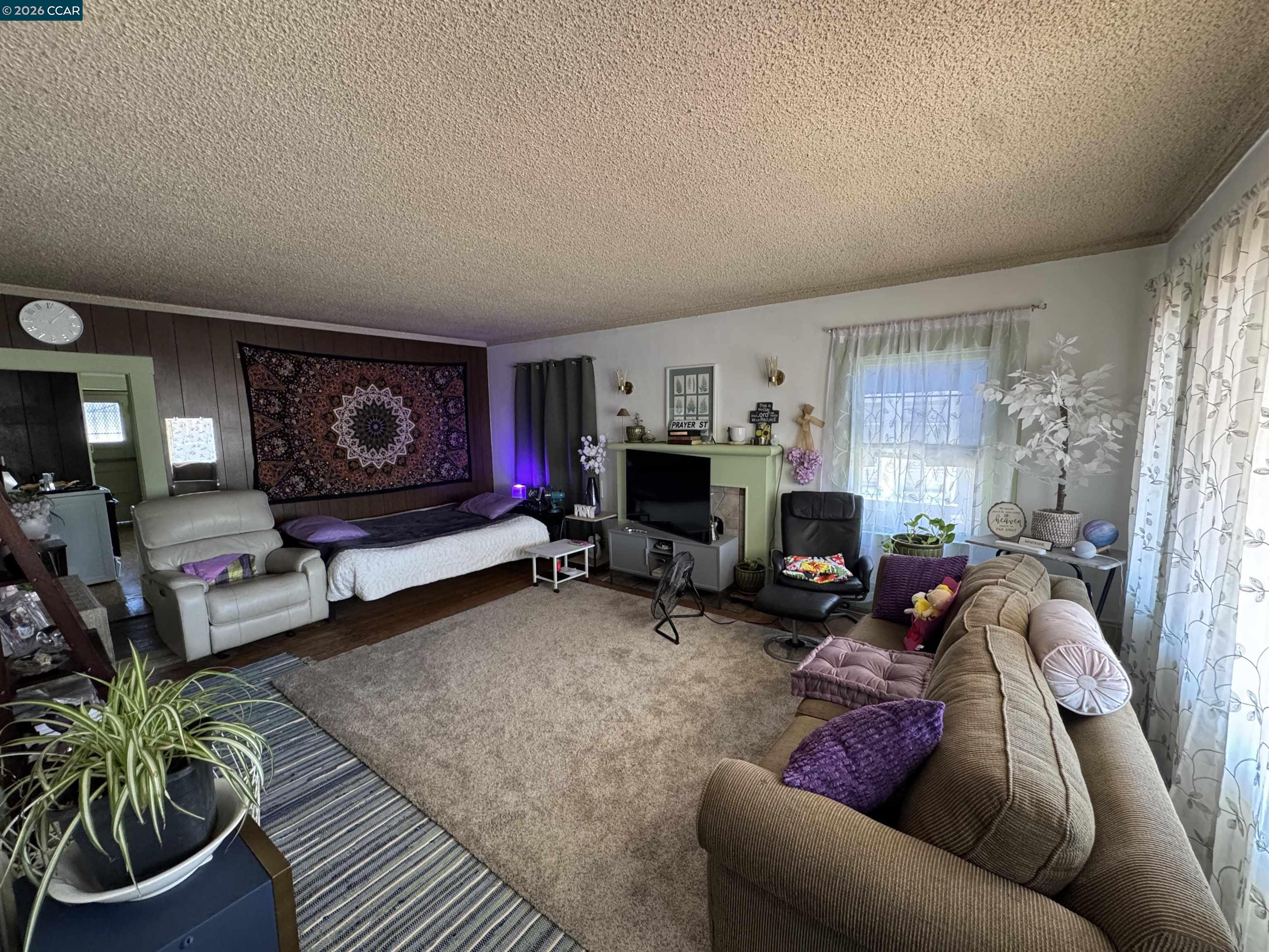 Furnished living room with a pale green fireplace, television, patterned wall tapestry, and large beige rug.