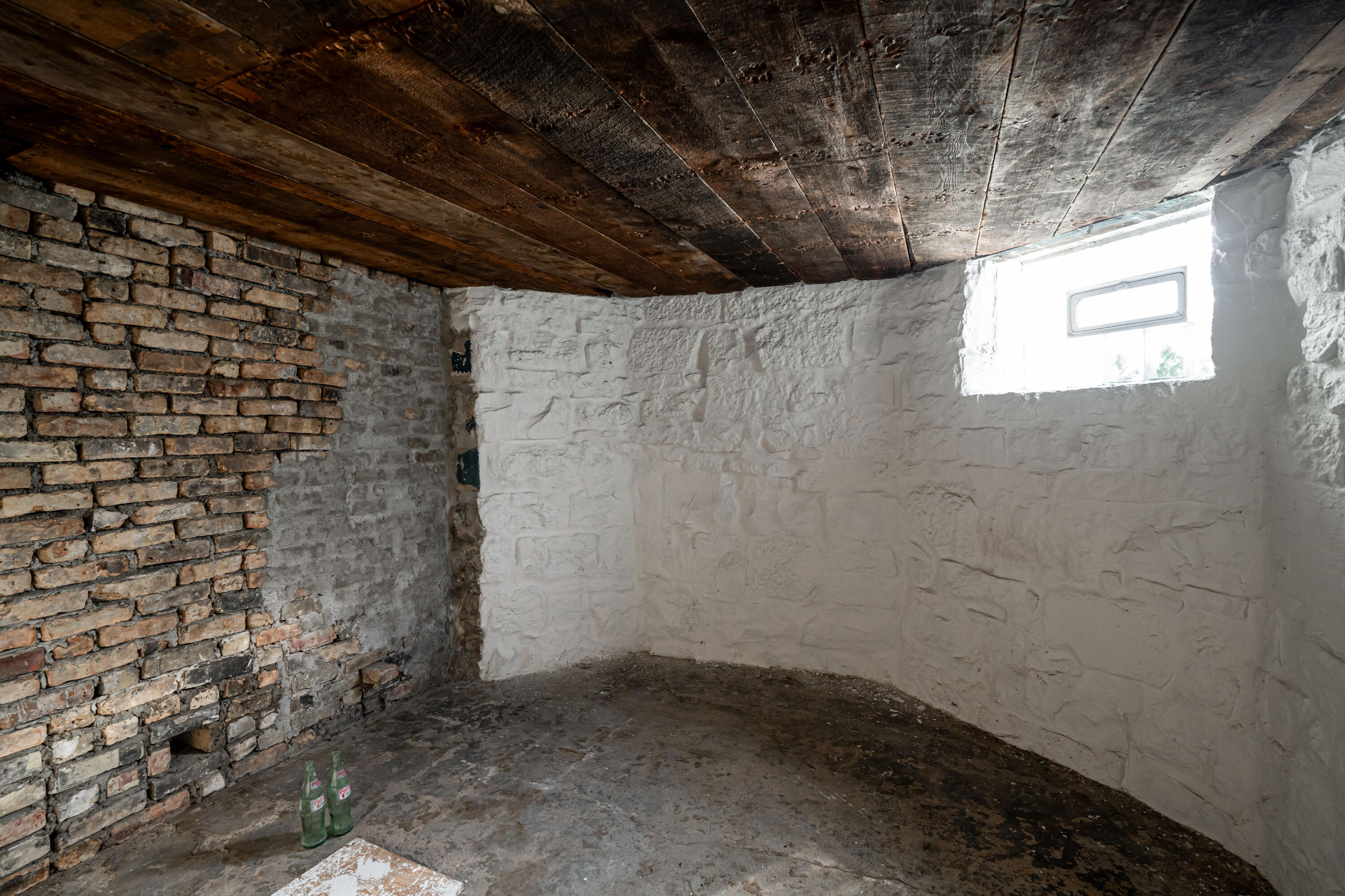 Unfinished basement with exposed brick, whitewashed stone walls, and a dark plank ceiling.