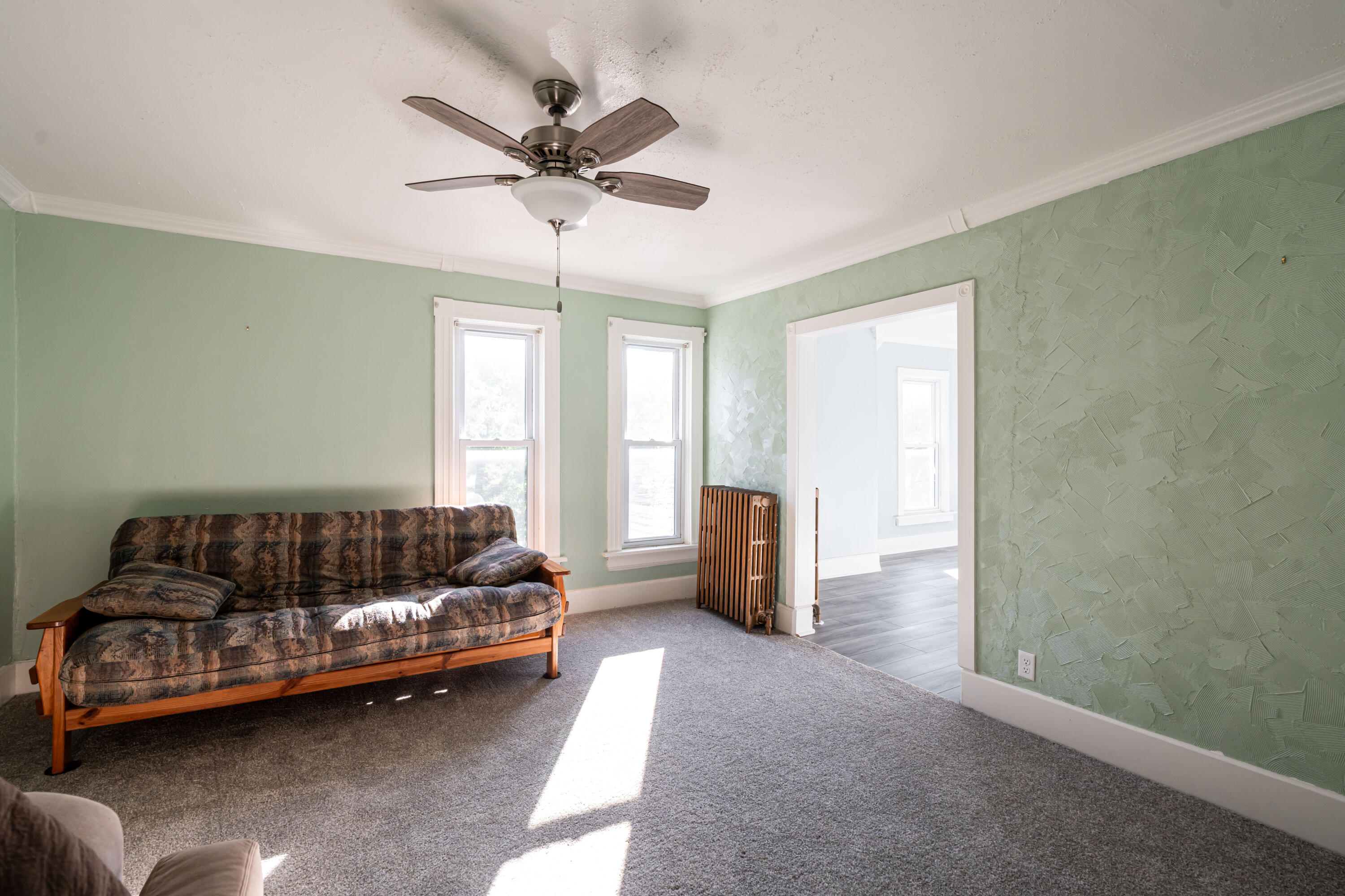 Living room with sage-green textured walls, a patterned sofa, and sunlight streaming through two windows.