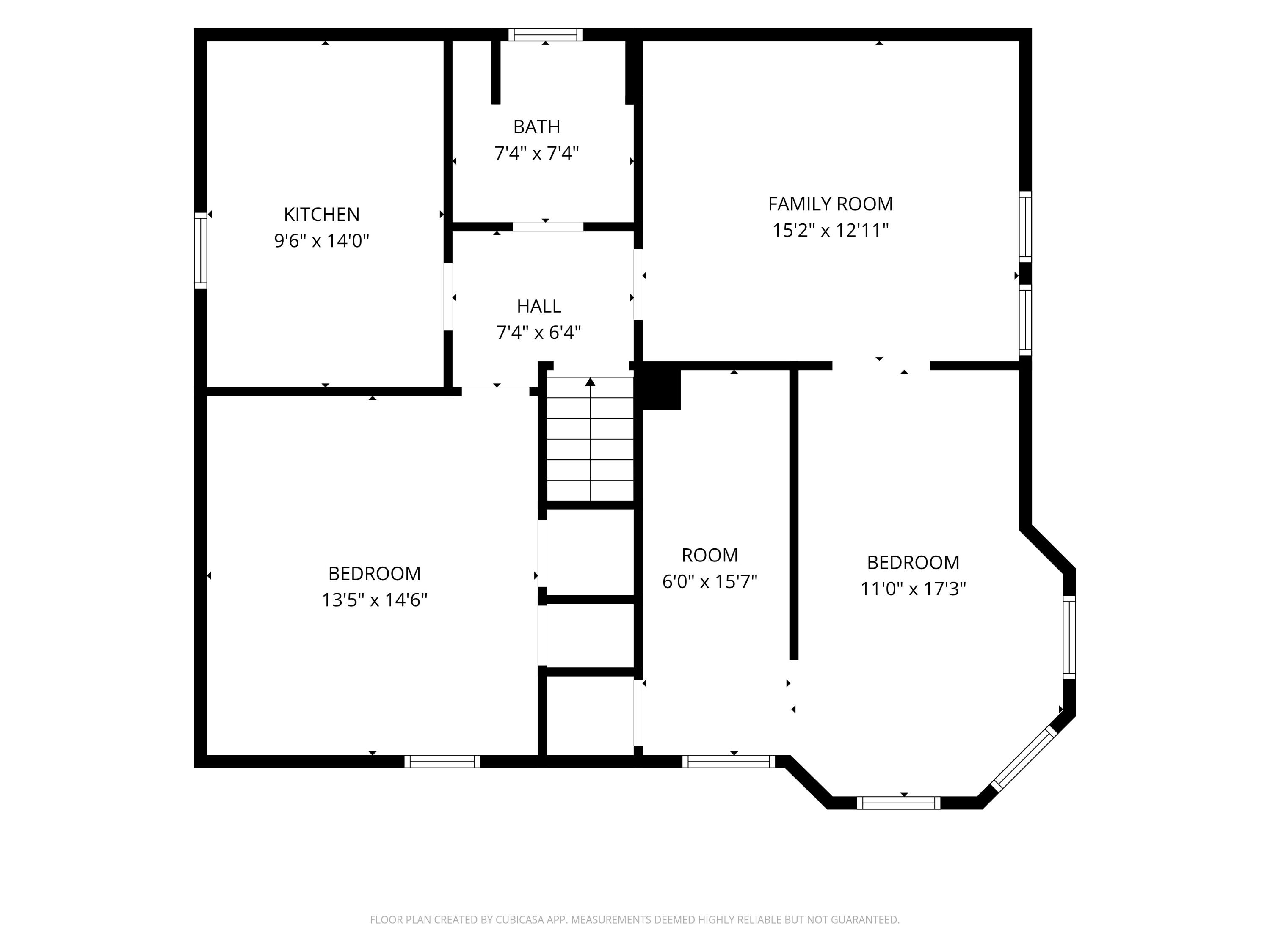 Floor plan showing a kitchen, family room, bath, two bedrooms, hall, and additional room with dimensions.