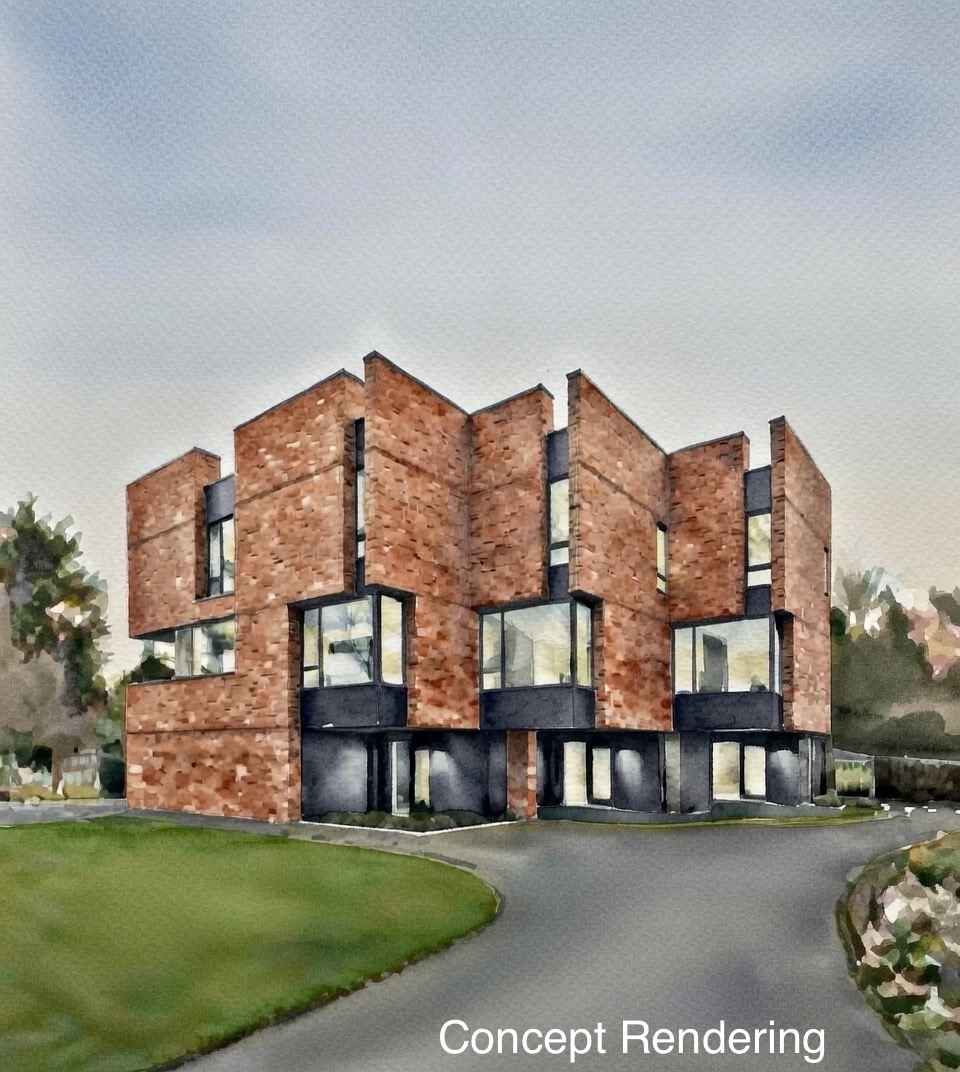 Concept rendering of a modern red-brick building with large windows and a curved driveway.
