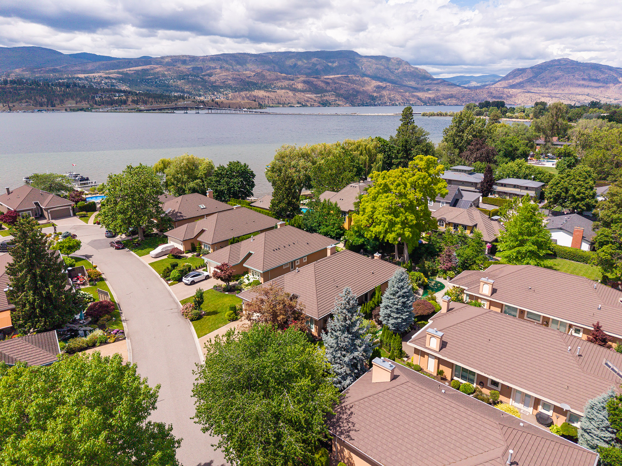 Aerial view of a lakeside neighborhood with tree-lined homes, mountains, and a broad lake.