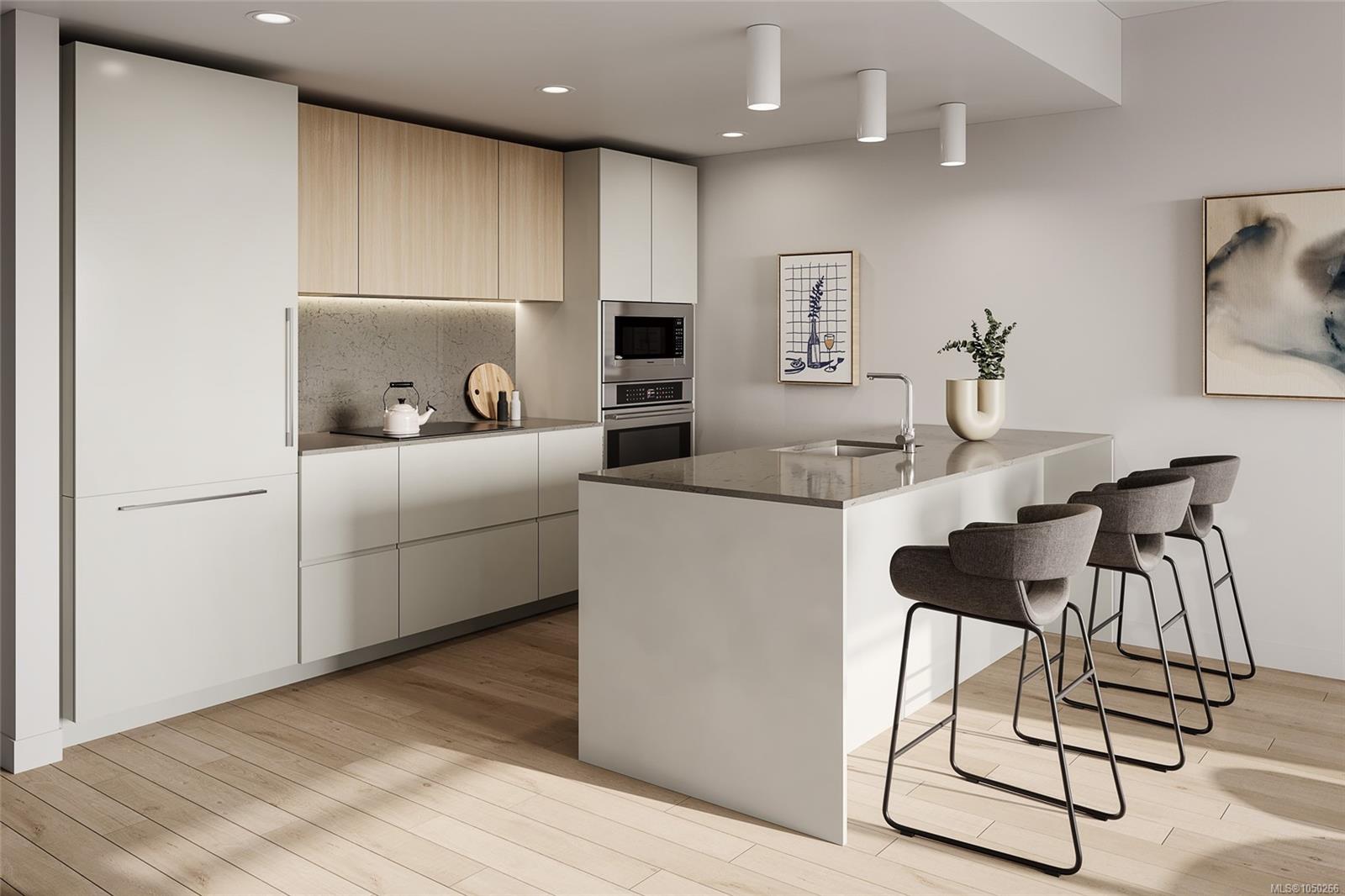 Modern kitchen with white cabinetry, a stone island, and four upholstered bar stools.