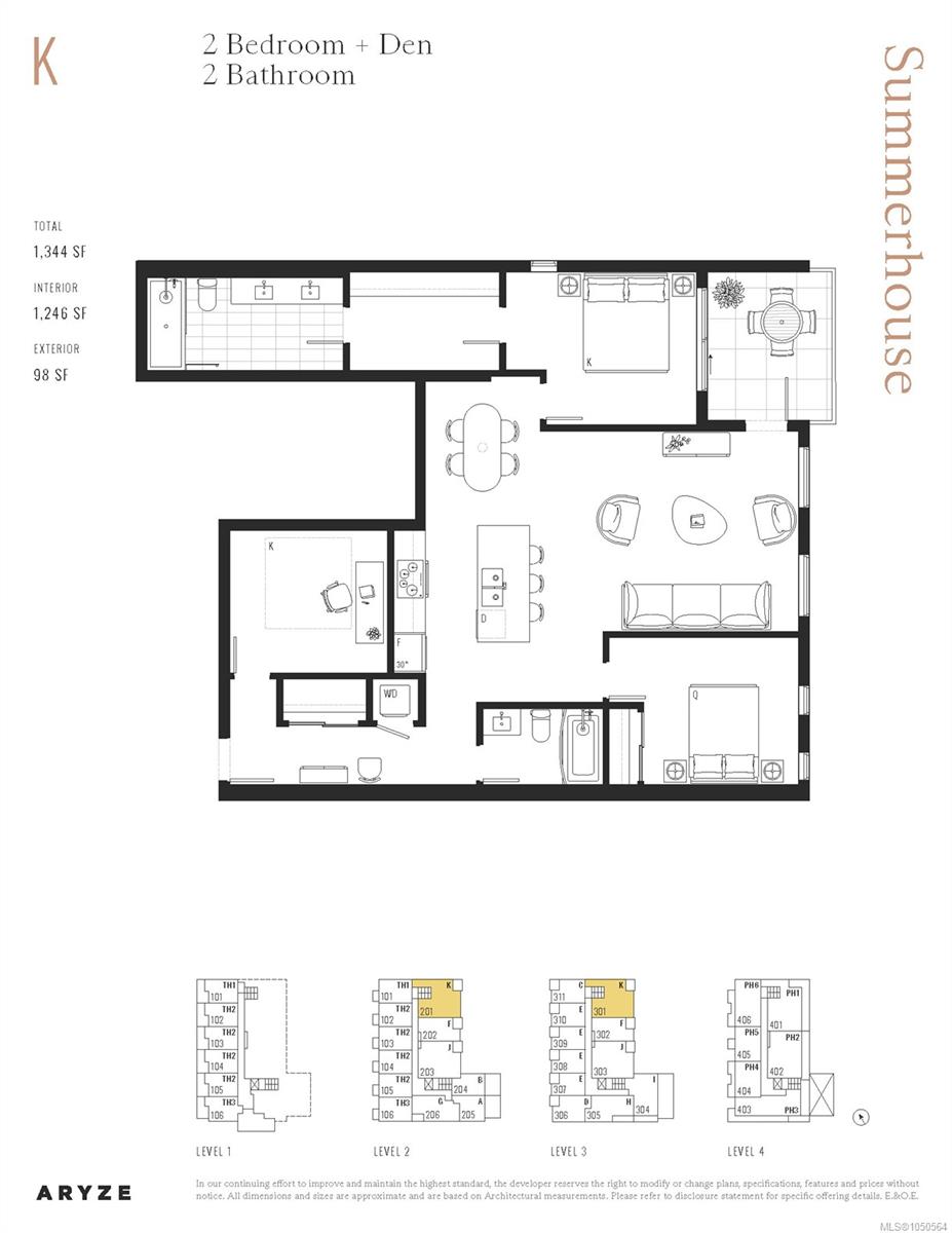 Summerhouse two-bedroom plus den floor plan with two bathrooms, a terrace, and building level diagrams.