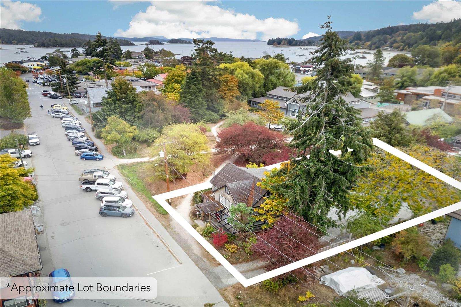 Aerial view of a house and outlined lot among autumn trees, with the waterfront in the distance.