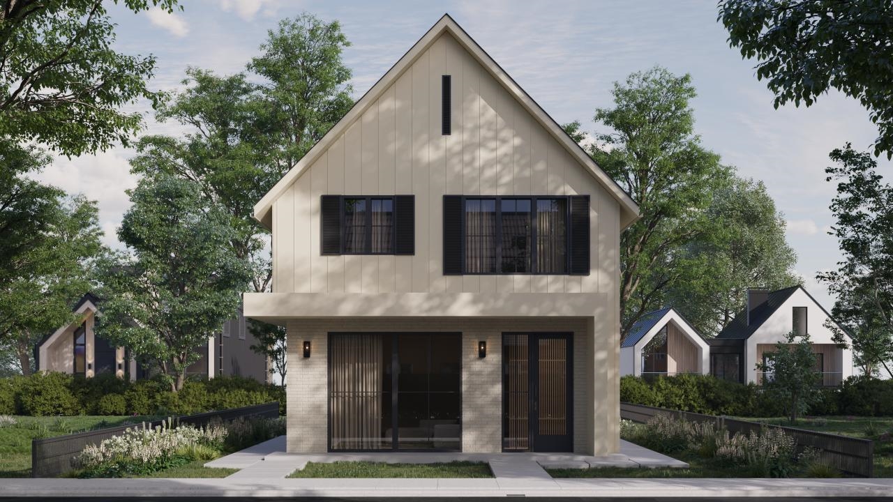 Modern two-story gabled house with pale siding, black shutters, and a landscaped front garden.